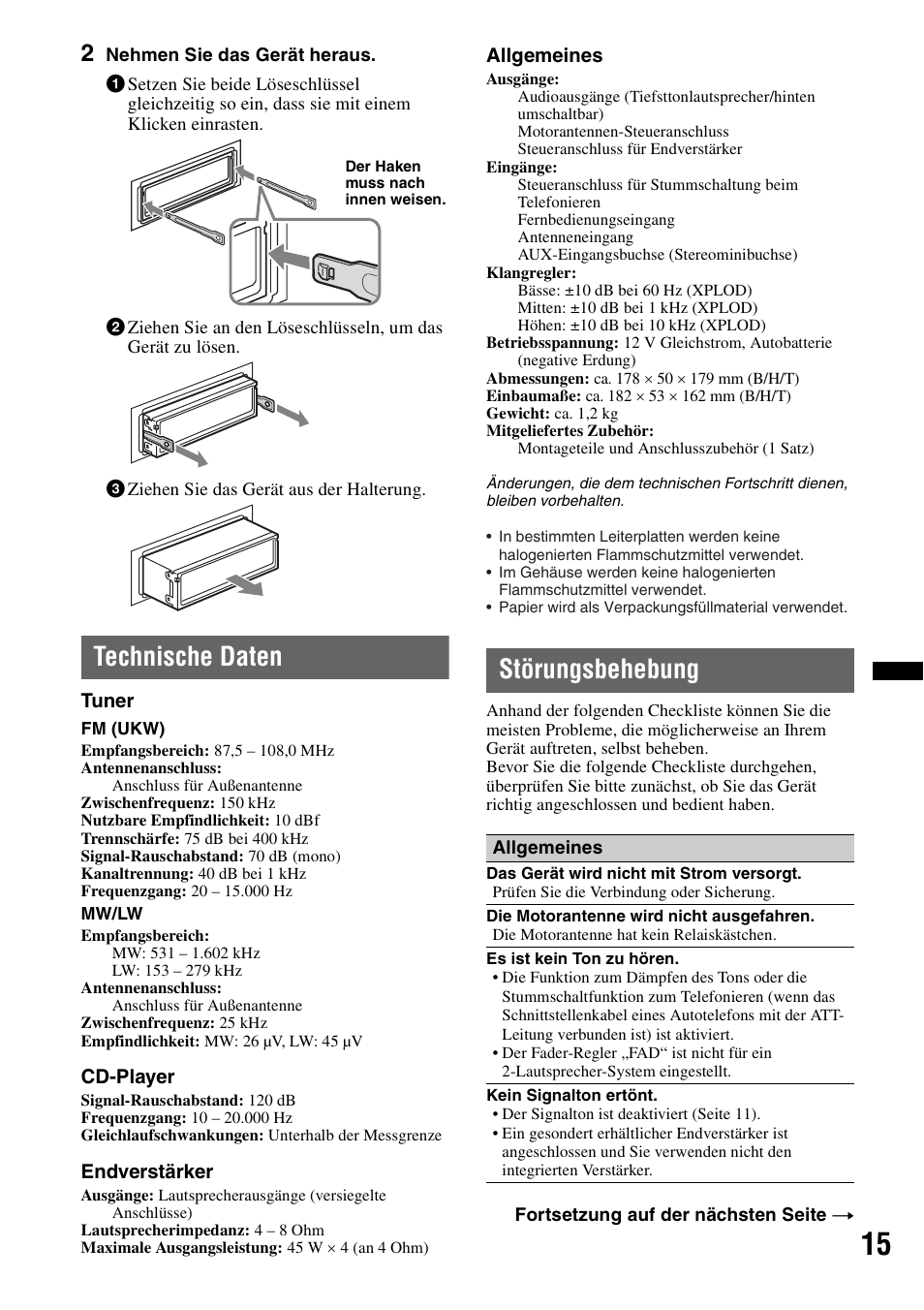 Technische daten, Störungsbehebung, Technische daten störungsbehebung | Sony CDX-GT240 User Manual | Page 31 / 84