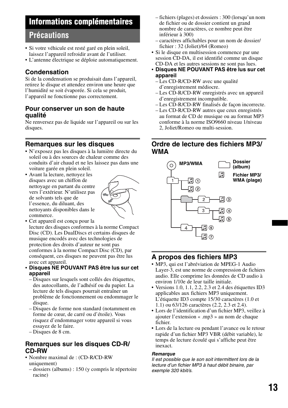 Informations complémentaires, Précautions, Remarques sur les disques | Ordre de lecture des fichiers mp3/wma, A propos des fichiers mp3, Informations complémentaires précautions | Sony CDX-GT240 User Manual | Page 45 / 84
