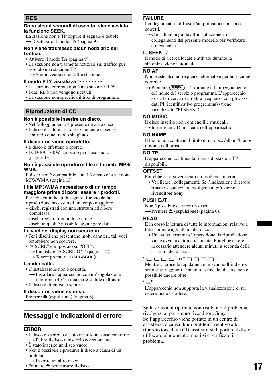 Messaggi e indicazioni di errore | Sony CDX-GT240 User Manual | Page 65 / 84