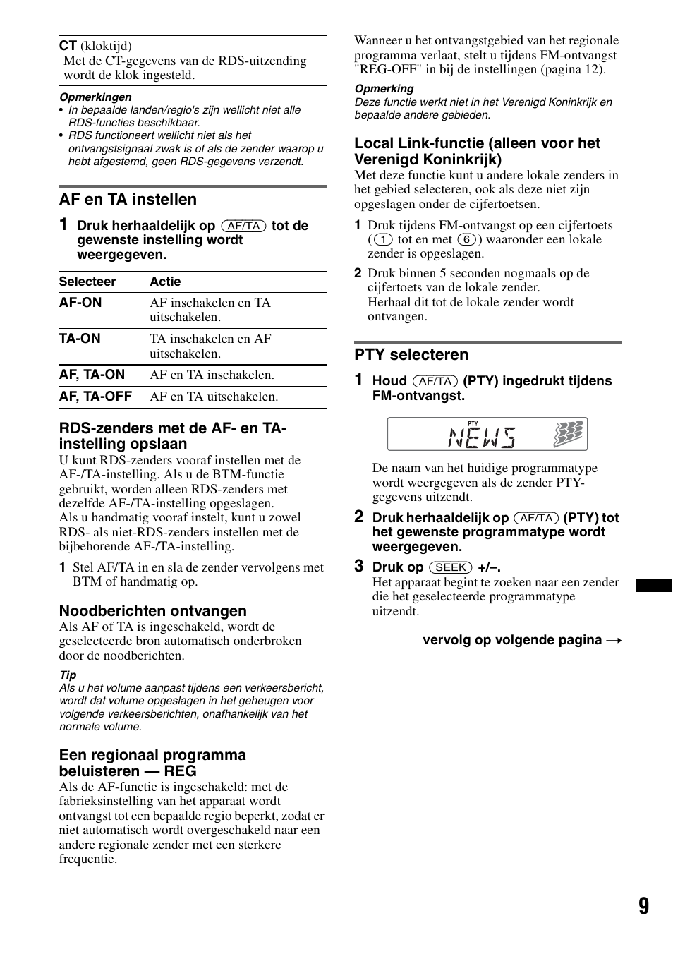 Af en ta instellen, Pty selecteren, Af en ta instellen pty selecteren | Sony CDX-GT240 User Manual | Page 73 / 84