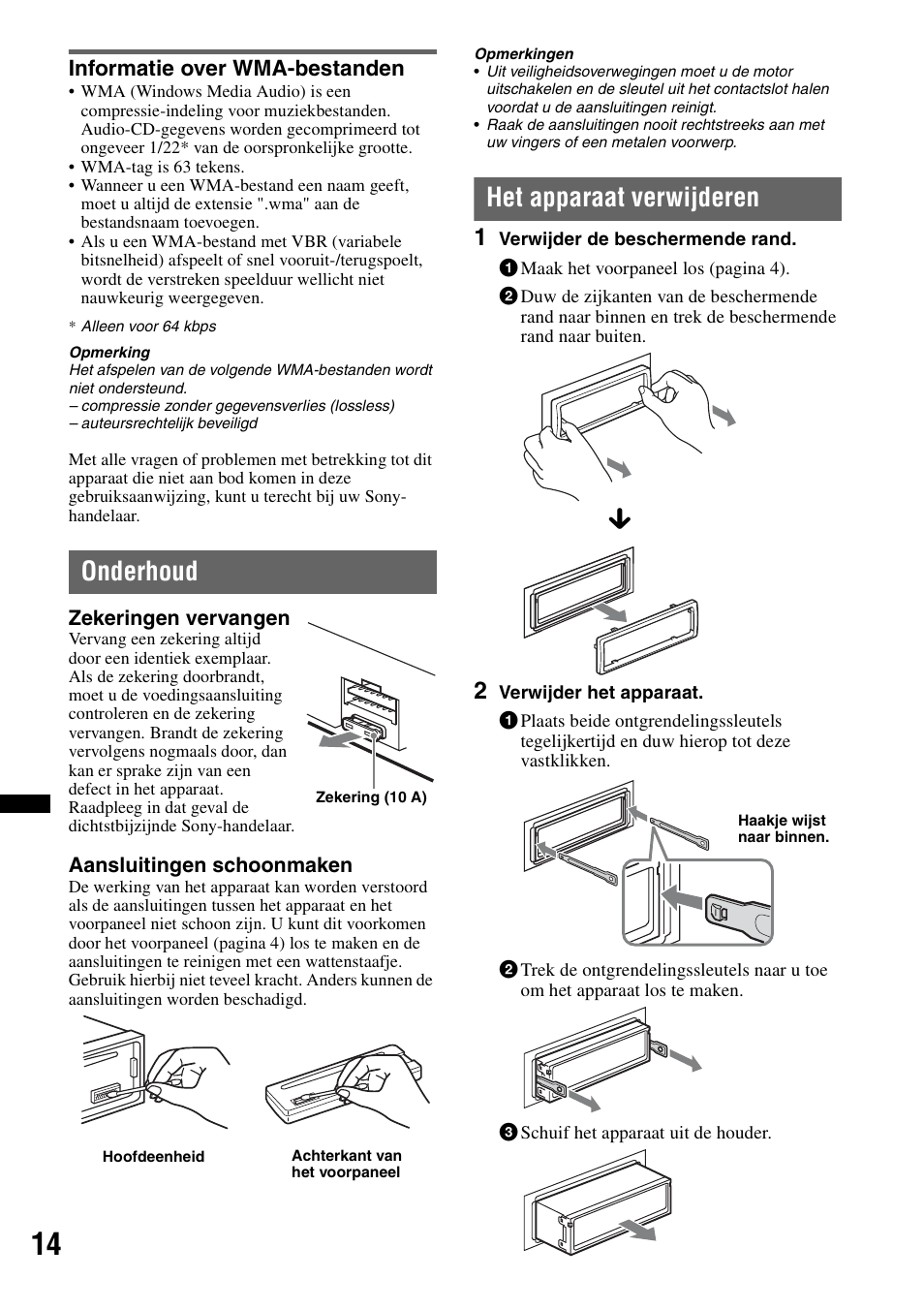 Informatie over wma-bestanden, Onderhoud, Het apparaat verwijderen | Onderhoud het apparaat verwijderen | Sony CDX-GT240 User Manual | Page 78 / 84