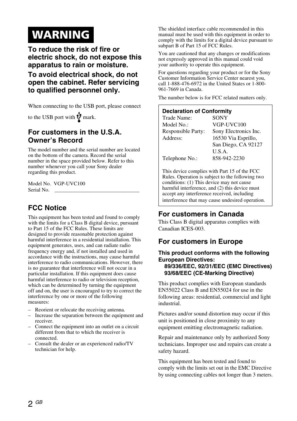 Warning | Sony VGP-UVC100 User Manual | Page 20 / 103