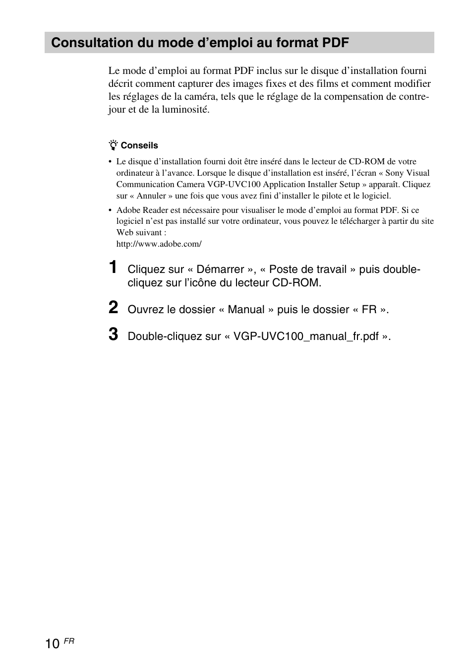 Consultation du mode d’emploi au format pdf, Consultation du mode d’emploi au, Format pdf | Sony VGP-UVC100 User Manual | Page 40 / 103