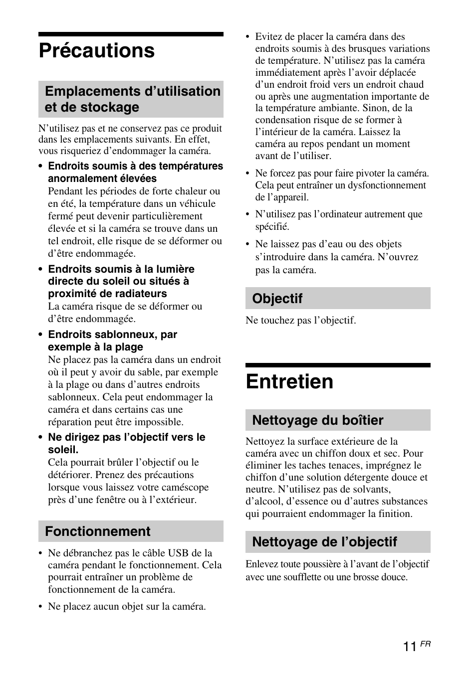 Précautions, Entretien, Emplacements d’utilisation et de stockage | Fonctionnement, Objectif, Nettoyage du boîtier, Nettoyage de l’objectif | Sony VGP-UVC100 User Manual | Page 41 / 103