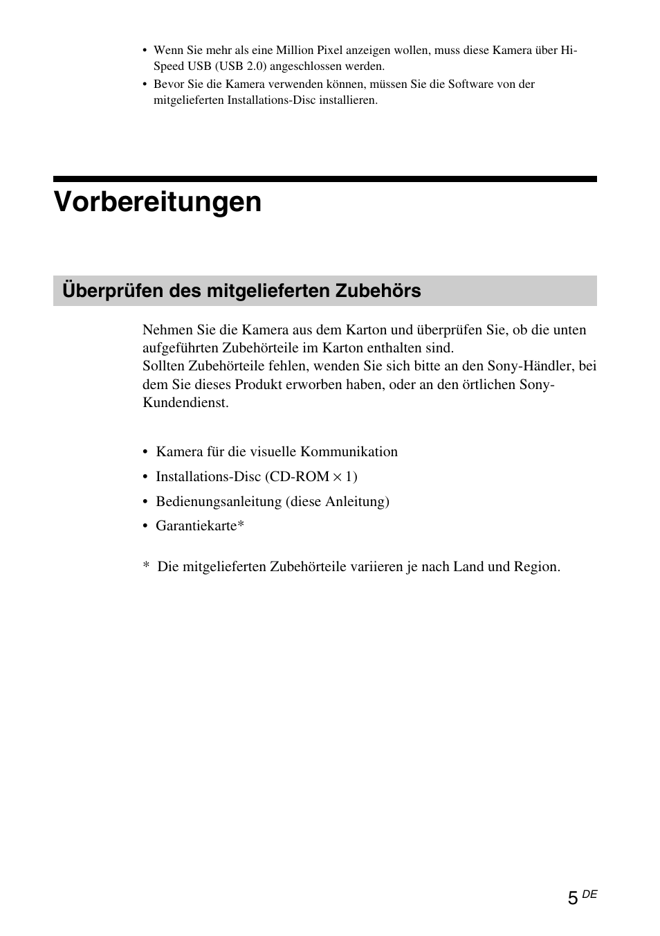 Vorbereitungen, Überprüfen des mitgelieferten zubehörs, Überprüfen des mitgelieferten | Zubehörs | Sony VGP-UVC100 User Manual | Page 47 / 103