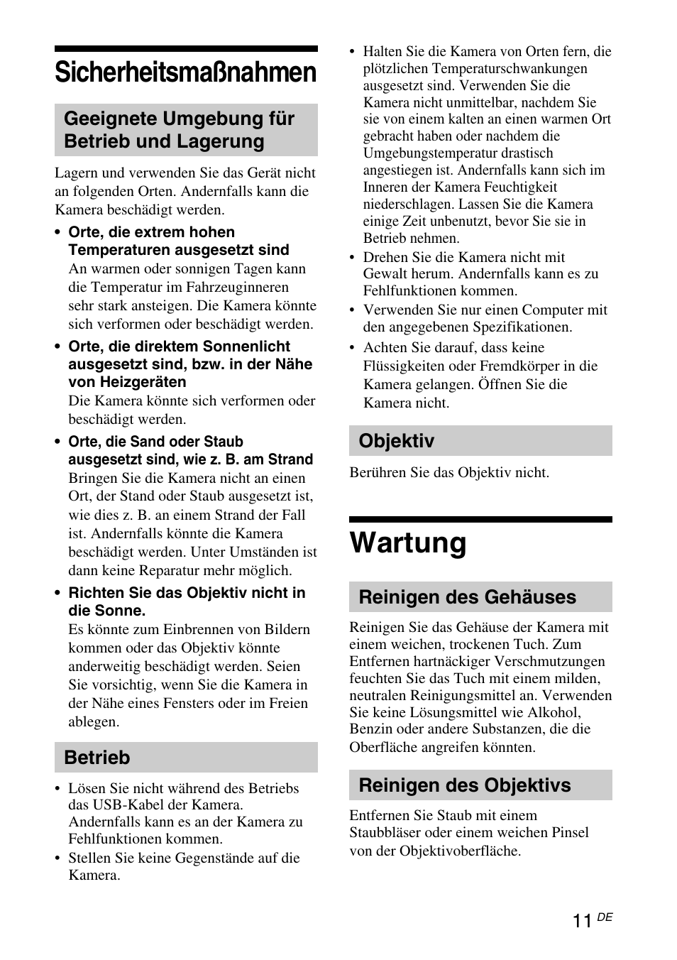 Sicherheitsmaßnahmen, Wartung, Geeignete umgebung für betrieb und lagerung | Betrieb, Objektiv, Reinigen des gehäuses, Reinigen des objektivs | Sony VGP-UVC100 User Manual | Page 53 / 103