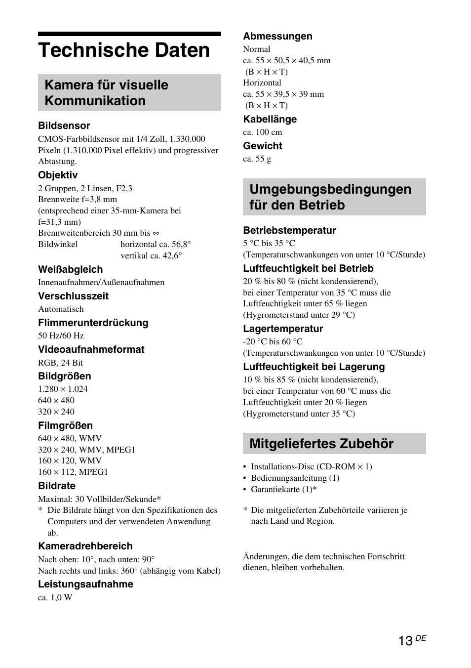 Technische daten, Kamera für visuelle kommunikation, Umgebungsbedingungen für den betrieb | Mitgeliefertes zubehör | Sony VGP-UVC100 User Manual | Page 55 / 103