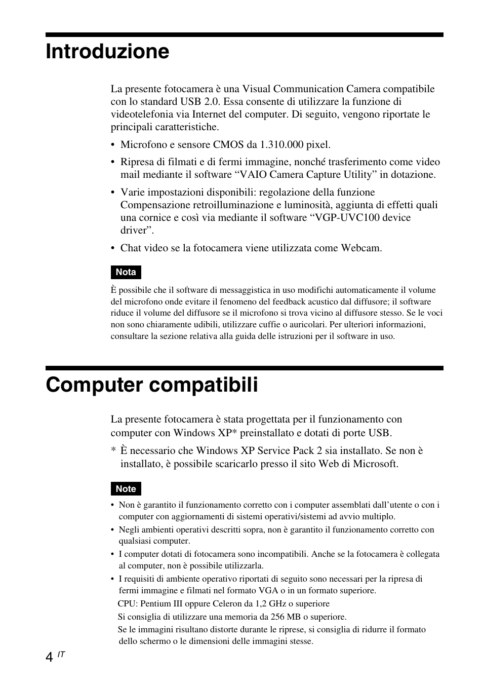 Introduzione, Computer compatibili | Sony VGP-UVC100 User Manual | Page 58 / 103