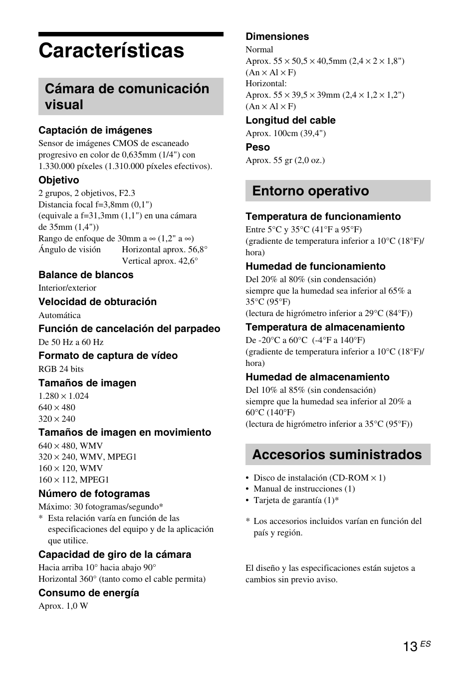 Características, Cámara de comunicación visual, Entorno operativo | Accesorios suministrados | Sony VGP-UVC100 User Manual | Page 79 / 103