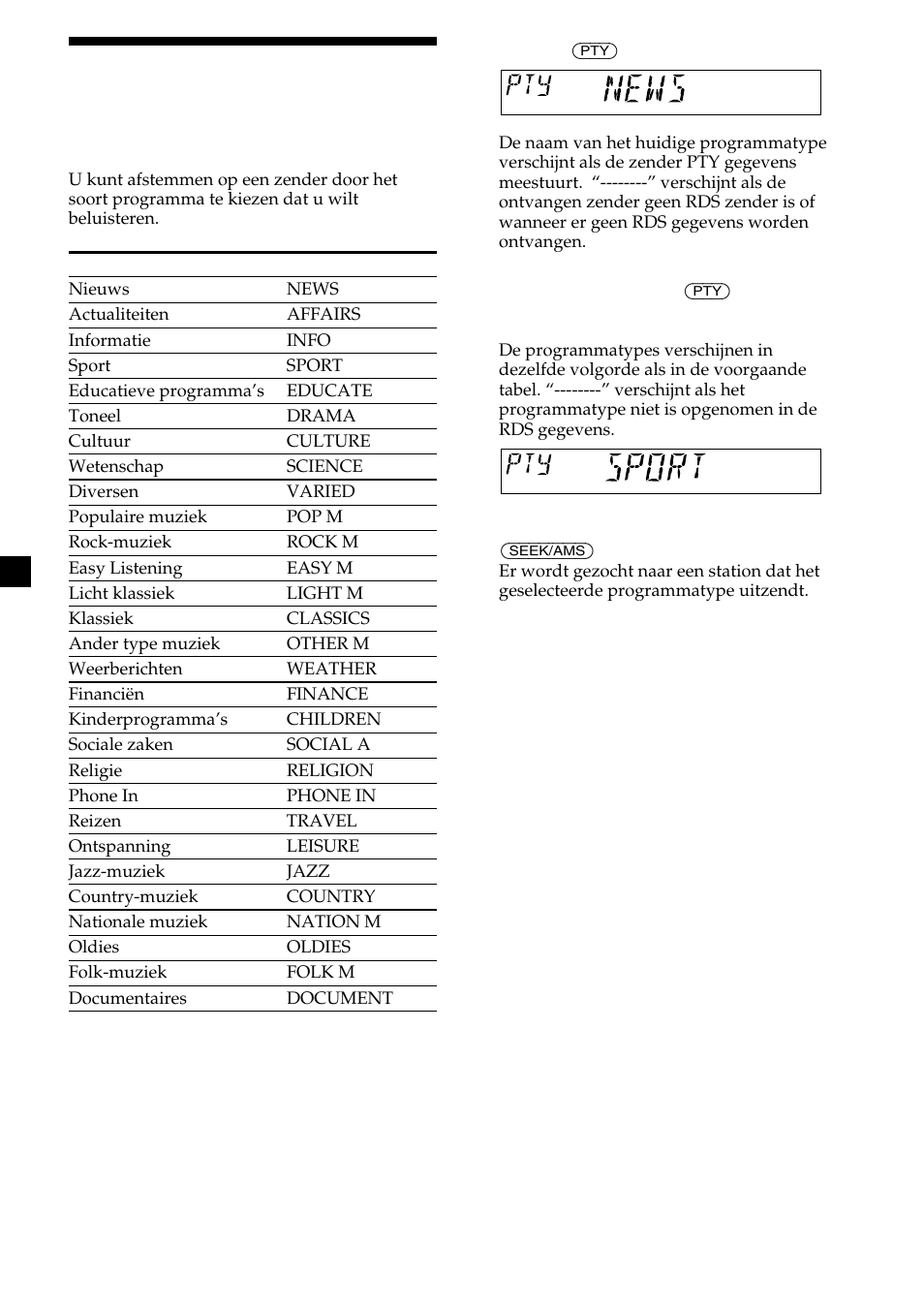 Afstemmen op zenders volgens programmatype | Sony CDX-L410 User Manual | Page 102 / 112