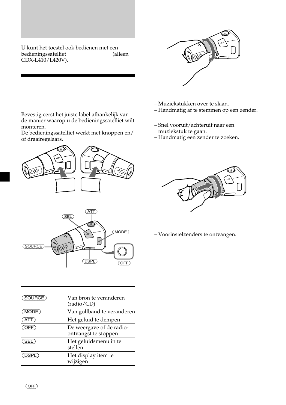 Andere functies, Werken met de bedieningssatelliet | Sony CDX-L410 User Manual | Page 104 / 112