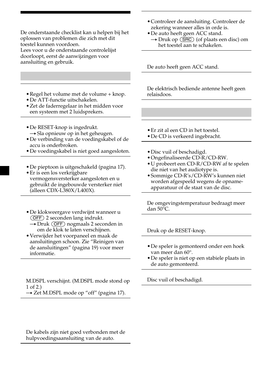 Verhelpen van storingen | Sony CDX-L410 User Manual | Page 110 / 112