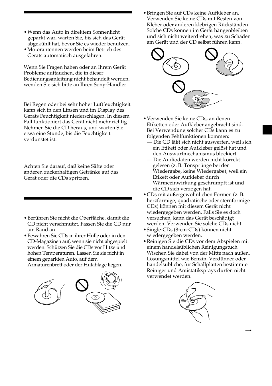 5sicherheitsmaßnahmen, Hinweise zu cds | Sony CDX-L410 User Manual | Page 27 / 112