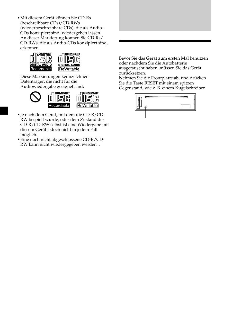 Vorbereitungen, Zurücksetzen des geräts | Sony CDX-L410 User Manual | Page 28 / 112