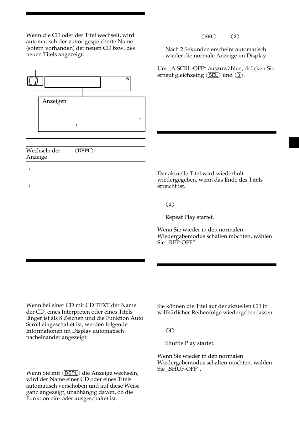 9anzeigen im display, Automatisches verschieben des namens einer cd, Wiederholtes wiedergeben von titeln | Sony CDX-L410 User Manual | Page 31 / 112