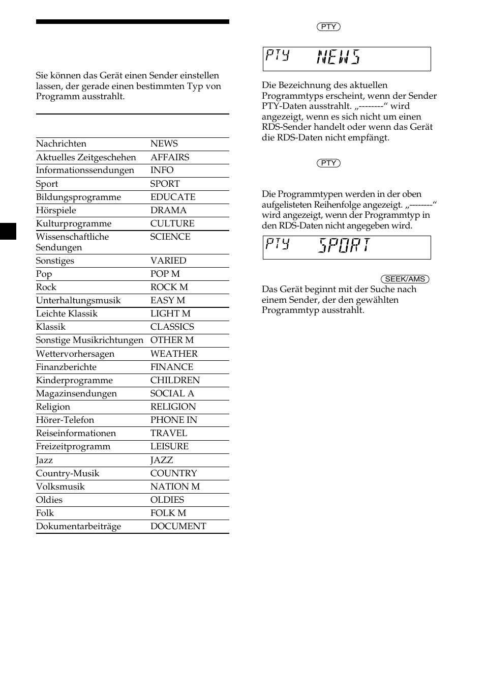 Einstellen von sendern nach programmtyp | Sony CDX-L410 User Manual | Page 36 / 112