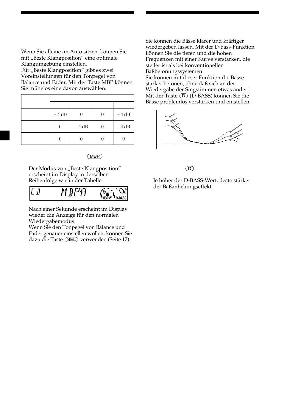18 betonen der bässe, Auswählen der klangposition, D-bass | Beste klangposition (mbp) | Sony CDX-L410 User Manual | Page 40 / 112