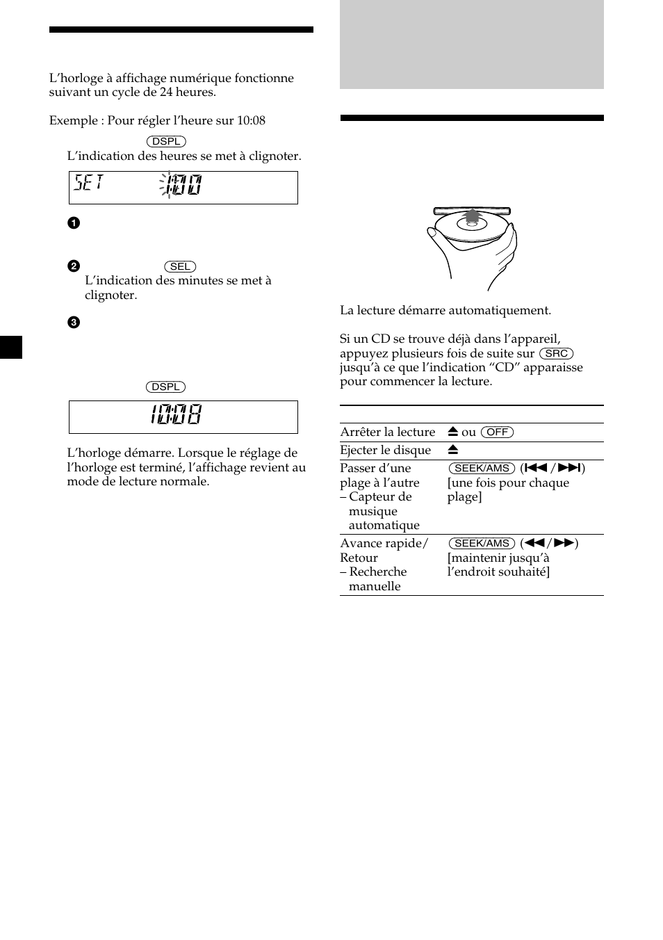 Lecteur cd, 8réglage de l’horloge, Lecture d’un disque | Sony CDX-L410 User Manual | Page 52 / 112