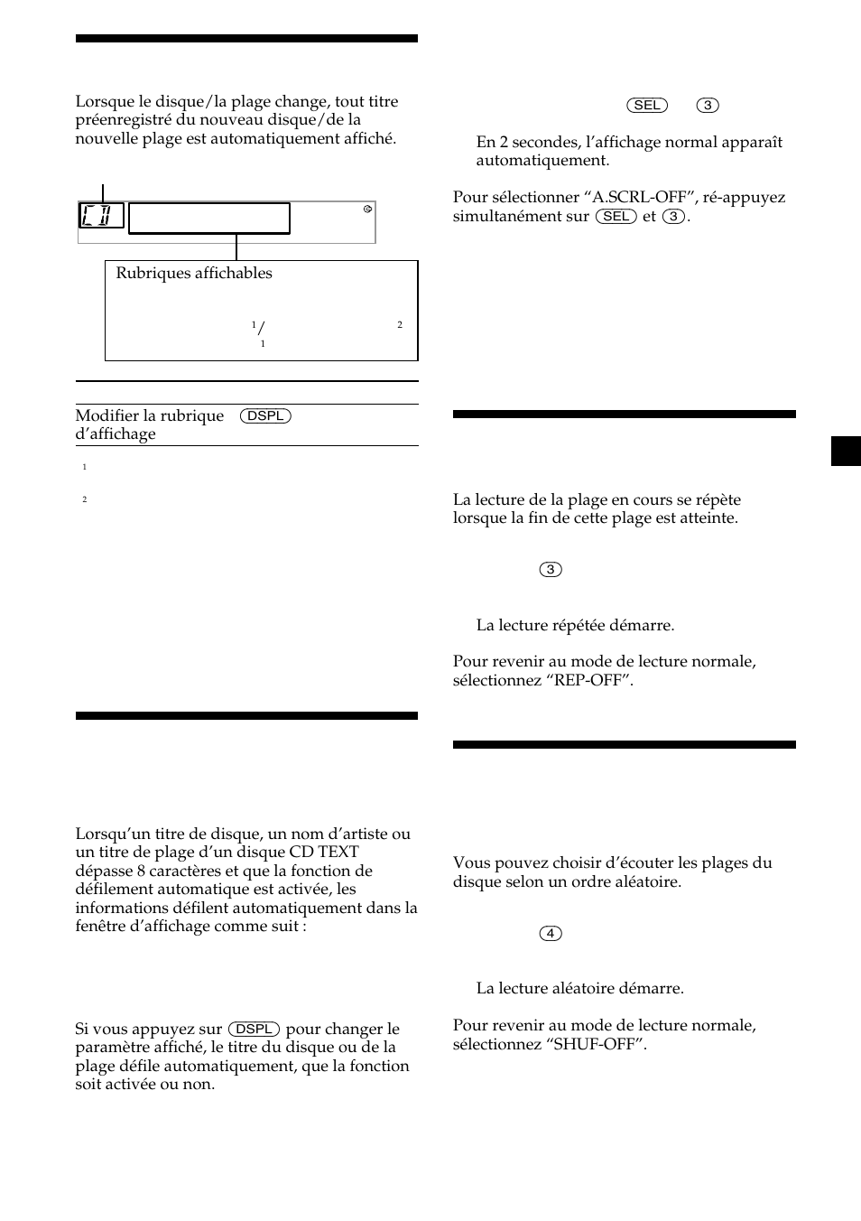 9rubriques d’affichage, Défilement automatique du titre d’un disque, Lecture répétée de plages | Lecture de plages dans un ordre quelconque | Sony CDX-L410 User Manual | Page 53 / 112