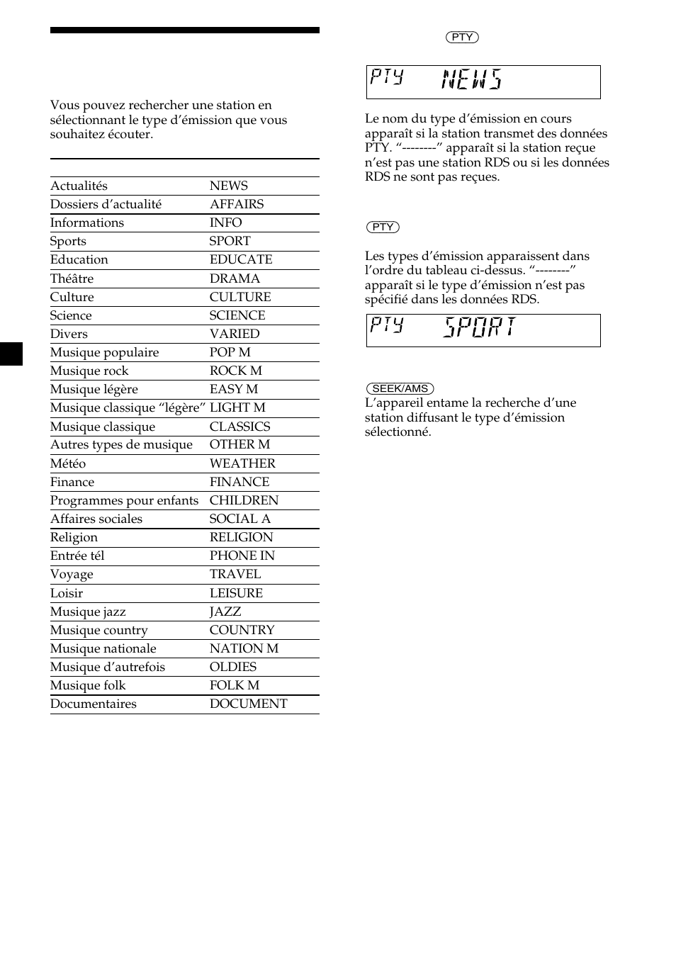Accord des stations par type d’émission | Sony CDX-L410 User Manual | Page 58 / 112