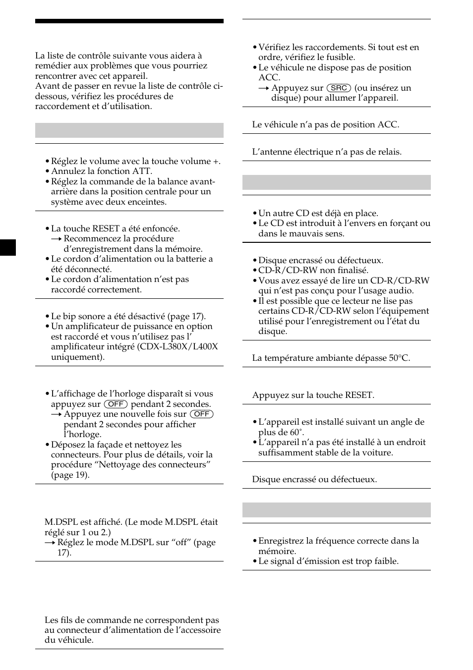 Dépannage | Sony CDX-L410 User Manual | Page 66 / 112
