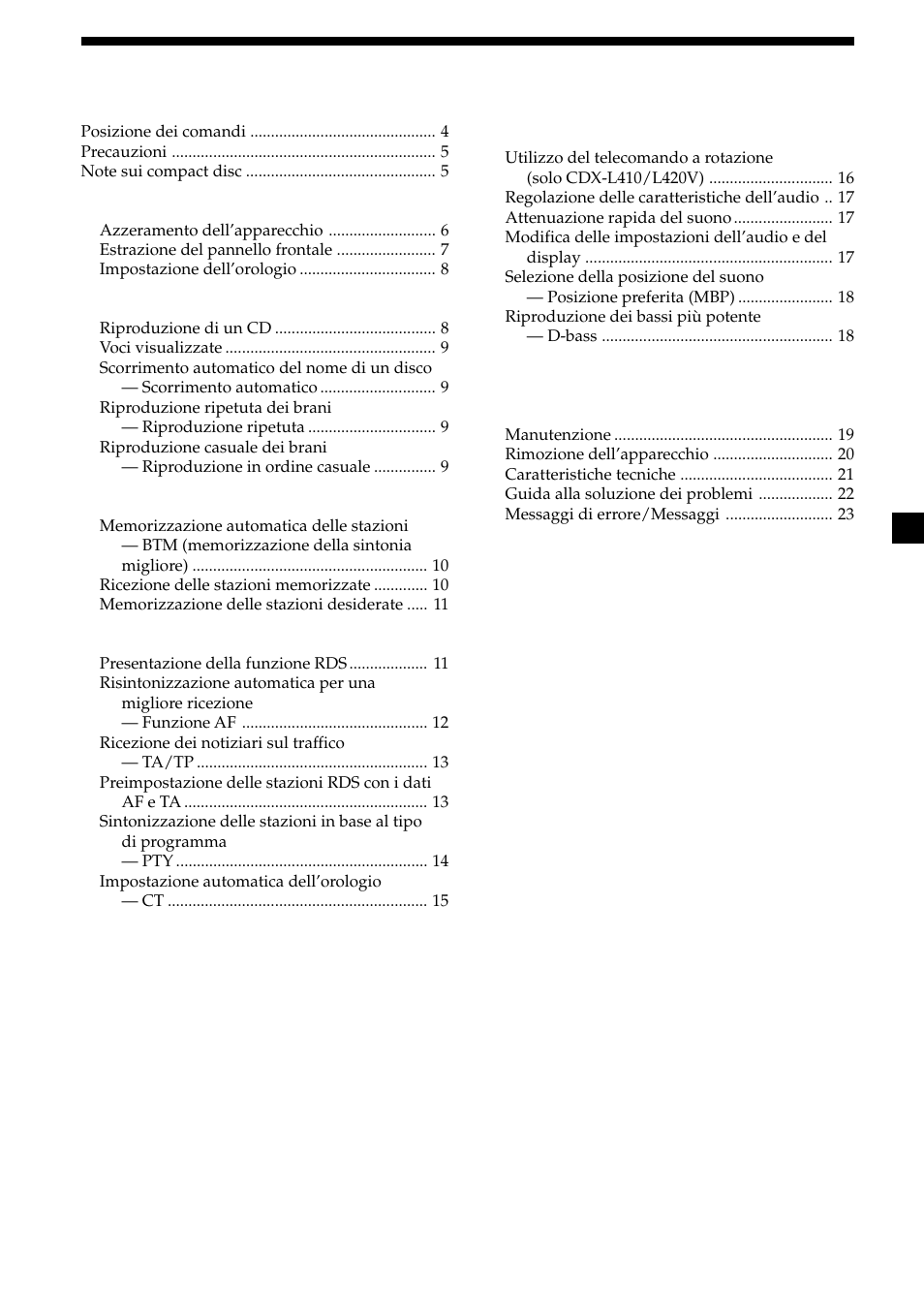 3indice, Operazioni preliminari, Lettore cd | Radio, Altre funzioni, Informazioni aggiuntive | Sony CDX-L410 User Manual | Page 69 / 112