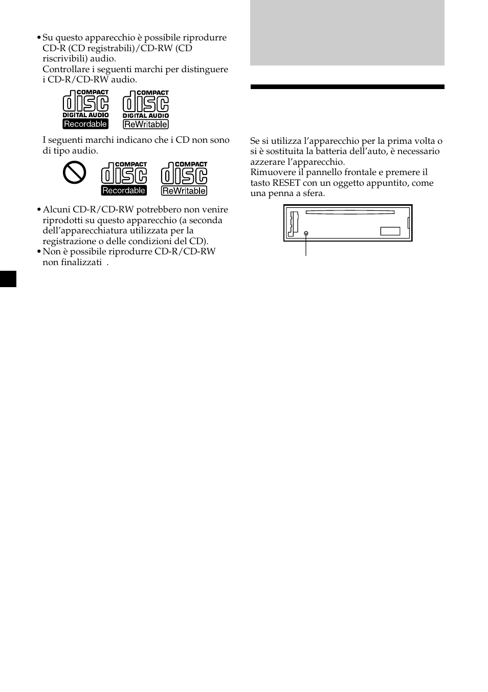 Operazioni preliminari, Azzeramento dell’apparecchio | Sony CDX-L410 User Manual | Page 72 / 112