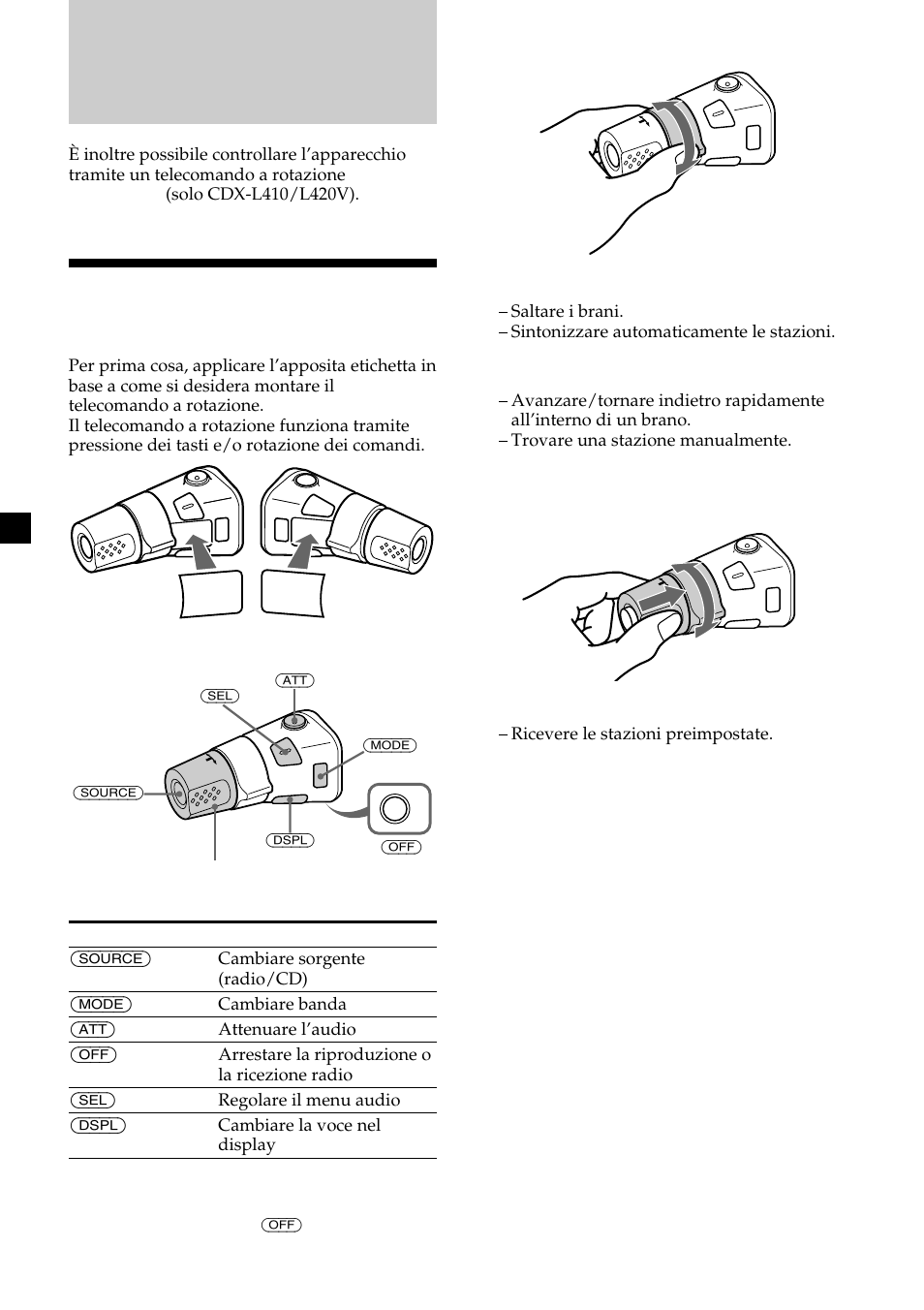 Altre funzioni, Utilizzo del telecomando a rotazione | Sony CDX-L410 User Manual | Page 82 / 112