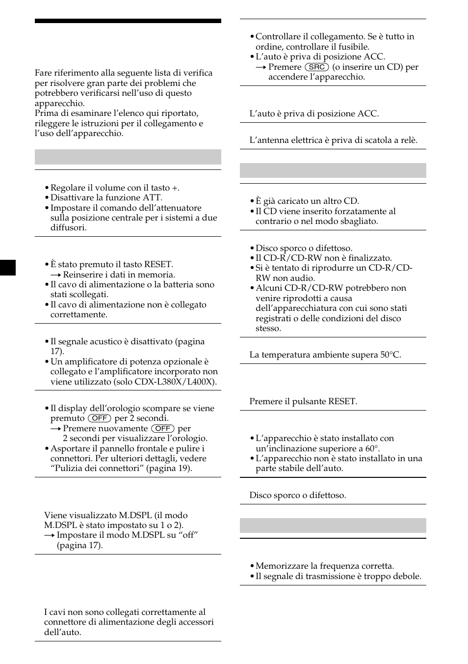 Guida alla soluzione dei problemi | Sony CDX-L410 User Manual | Page 88 / 112