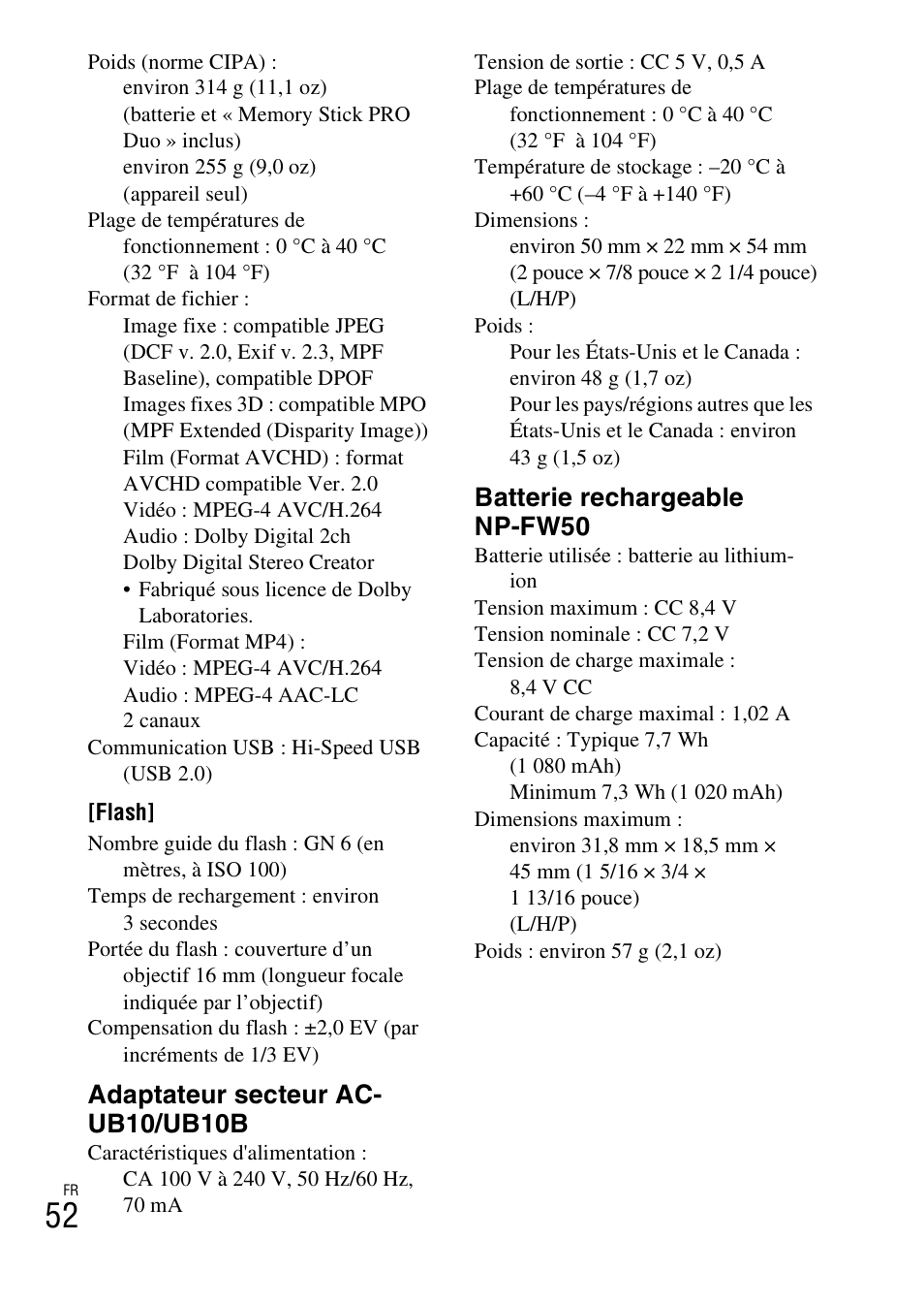 Adaptateur secteur ac- ub10/ub10b, Batterie rechargeable np-fw50 | Sony NEX-F3 User Manual | Page 104 / 522