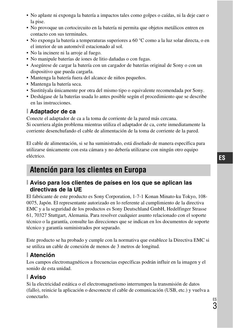 Atención para los clientes en europa | Sony NEX-F3 User Manual | Page 161 / 522