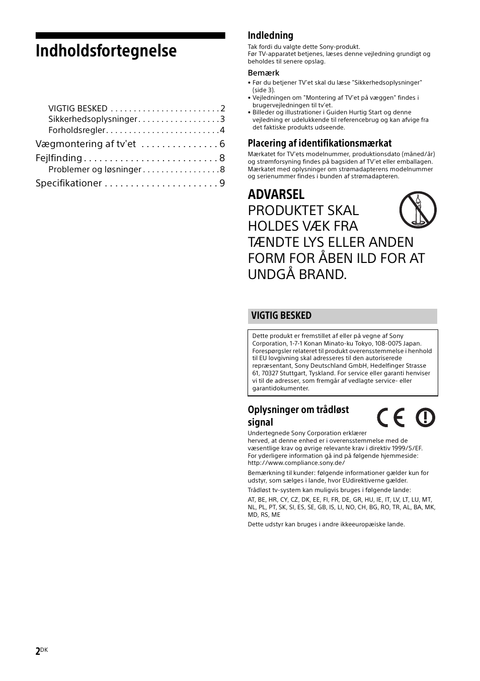 Vigtig besked, Indholdsfortegnelse, Indledning | Placering af identifikationsmærkat, Oplysninger om trådløst signal | Sony KDL-55W829B User Manual | Page 100 / 256