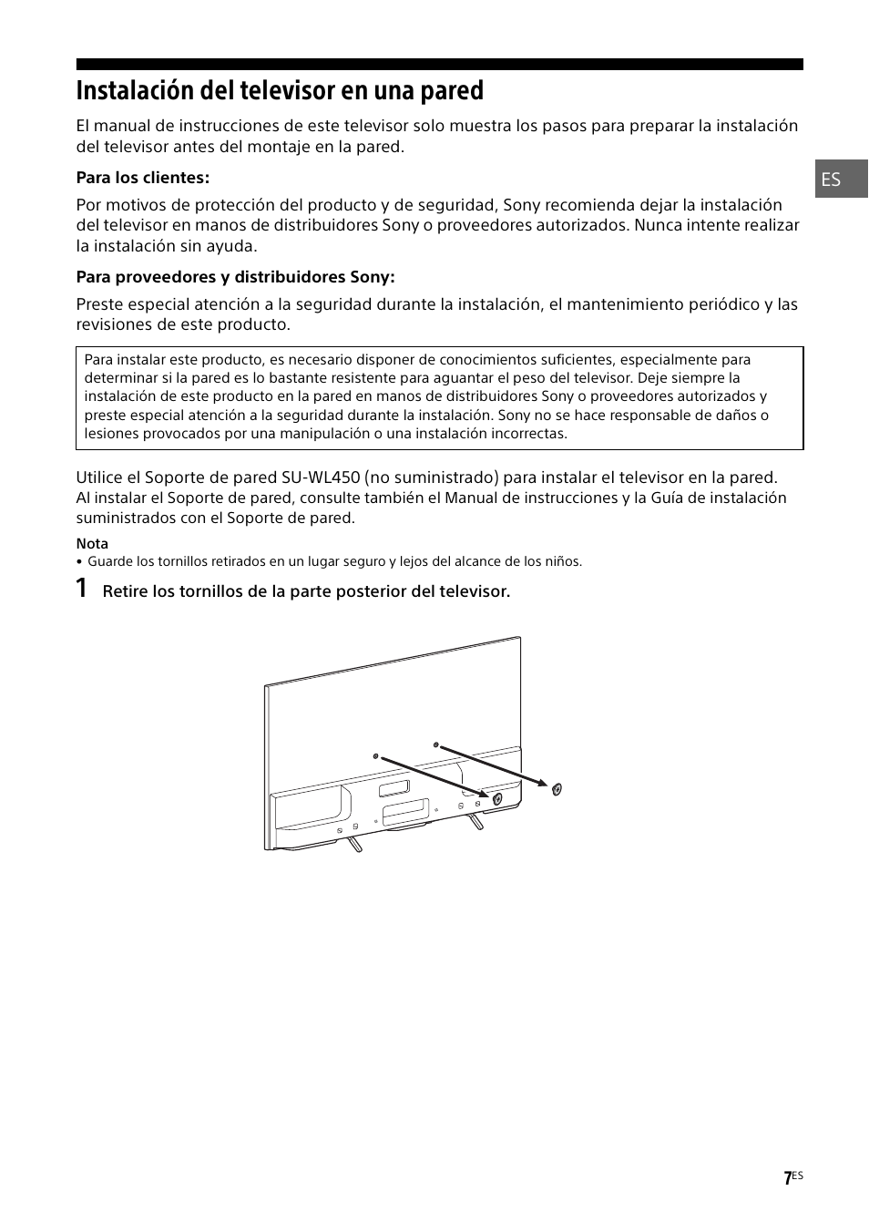 Instalación del televisor en una pared | Sony KDL-55W829B User Manual | Page 31 / 256