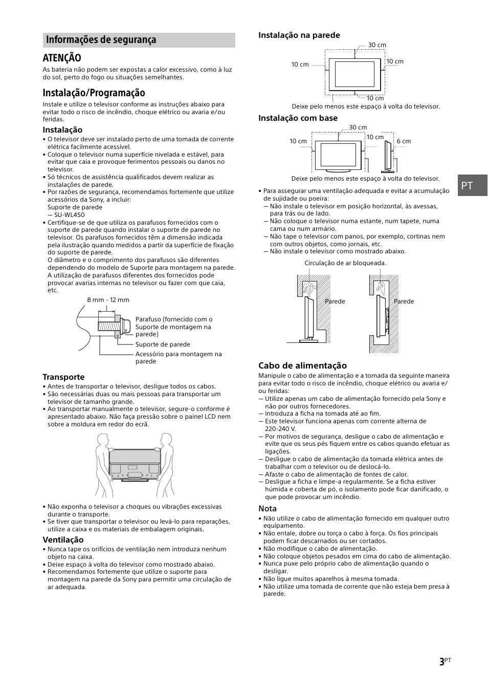 Informações de segurança, Pt 3, Atenção | Instalação/programação | Sony KDL-55W829B User Manual | Page 63 / 256