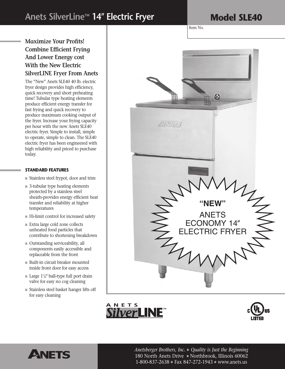 Anetsberger Brothers SLE40 User Manual | 2 pages