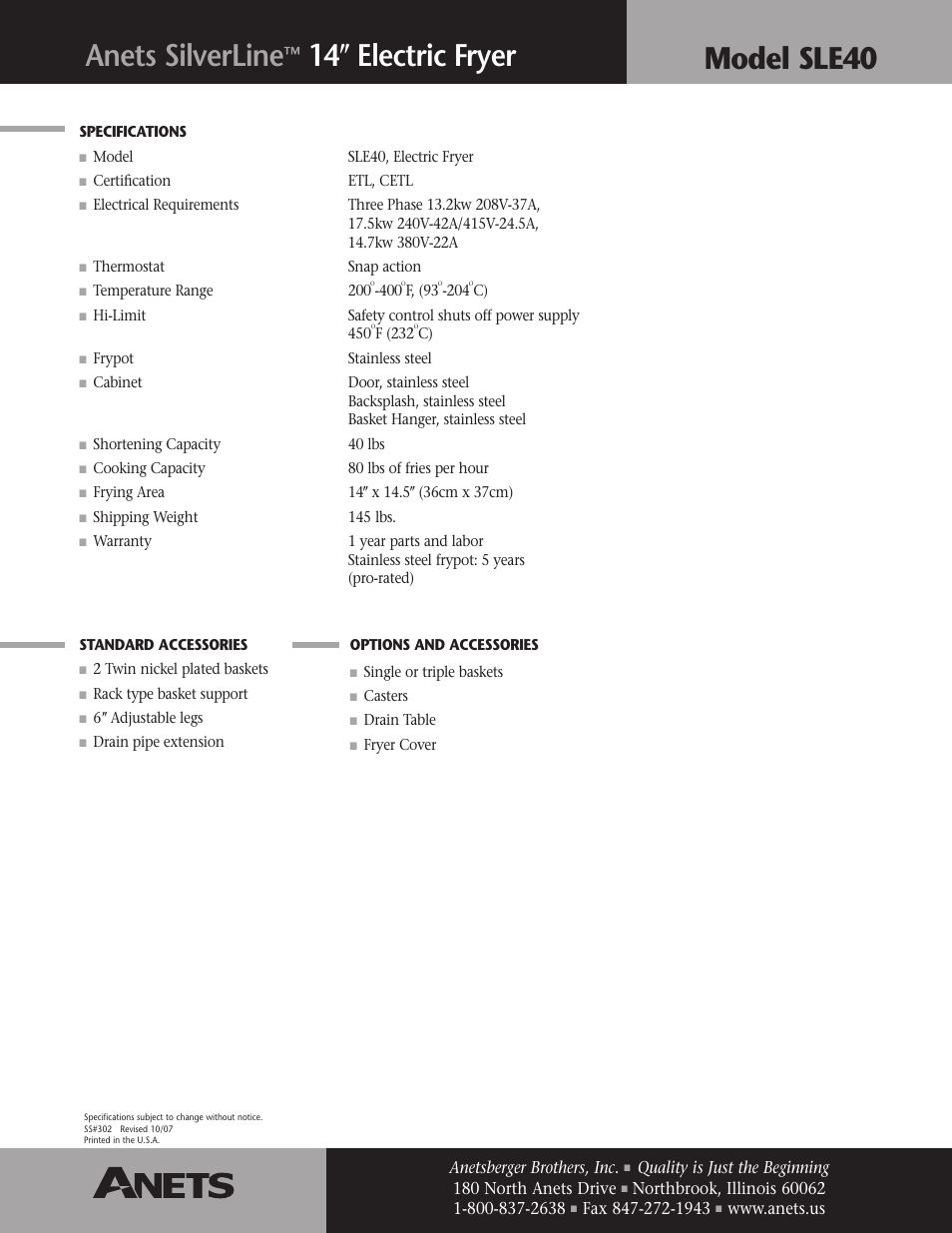 Model sle40 anets silverline, 14 ؆ electric fryer | Anetsberger Brothers SLE40 User Manual | Page 2 / 2