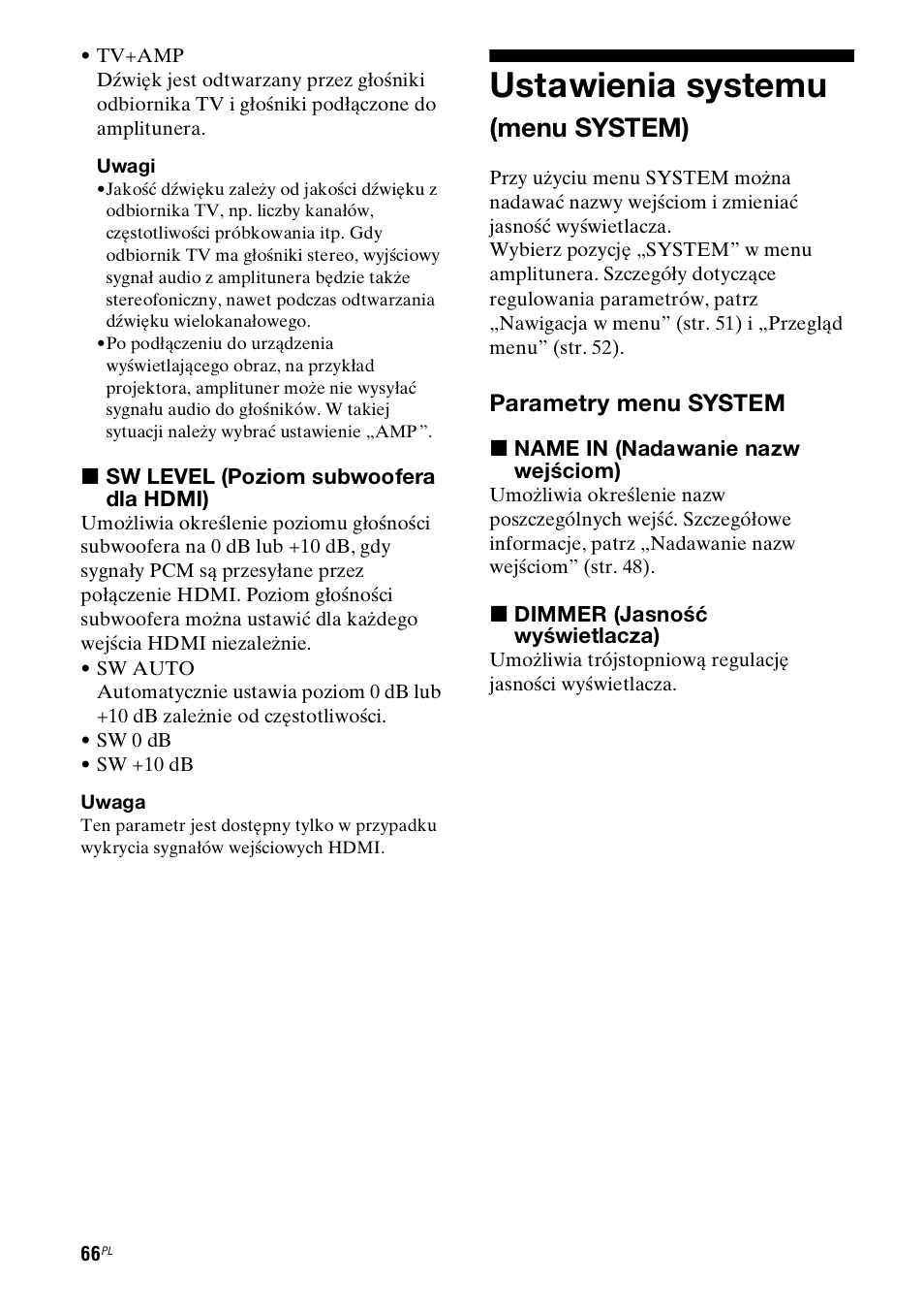 Ustawienia systemu (menu system), Ustawienia systemu, Menu system) | Parametry menu system | Sony STR-DH800 User Manual | Page 188 / 252