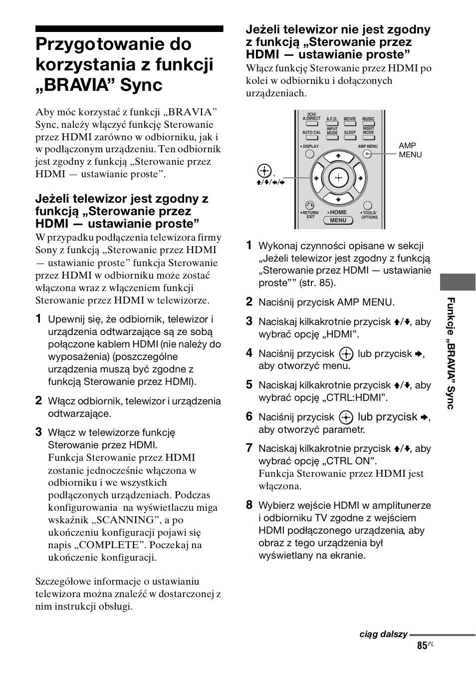 Przygotowanie do korzystania z funkcji, Bravia” sync, Lub przycisk b | Sony STR-DH800 User Manual | Page 207 / 252