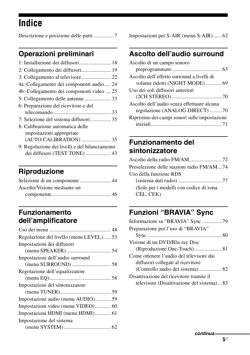 Indice, Operazioni preliminari, Riproduzione | Funzionamento dell’amplificatore, Ascolto dell’audio surround, Funzionamento del sintonizzatore, Funzioni “bravia” sync | Sony STR-DH800 User Manual | Page 5 / 252