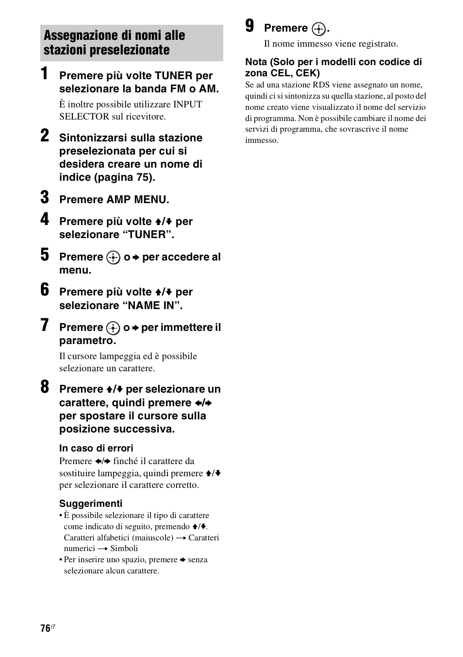 Assegnazione di nomi alle stazioni preselezionate | Sony STR-DH800 User Manual | Page 76 / 252