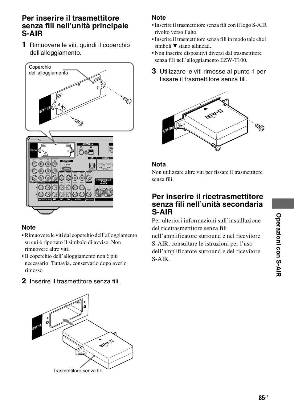 Ope raz ioni con s- ai r, Coperchio dell’alloggiamento, Trasmettitore senza fili | Sony STR-DH800 User Manual | Page 85 / 252