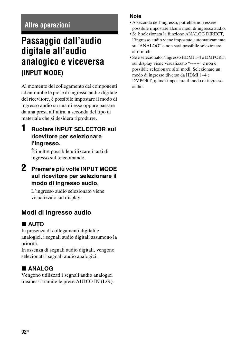 Altre operazioni, Passaggio dall’audio digitale all’audio, Analogico e viceversa | Input mode) | Sony STR-DH800 User Manual | Page 92 / 252