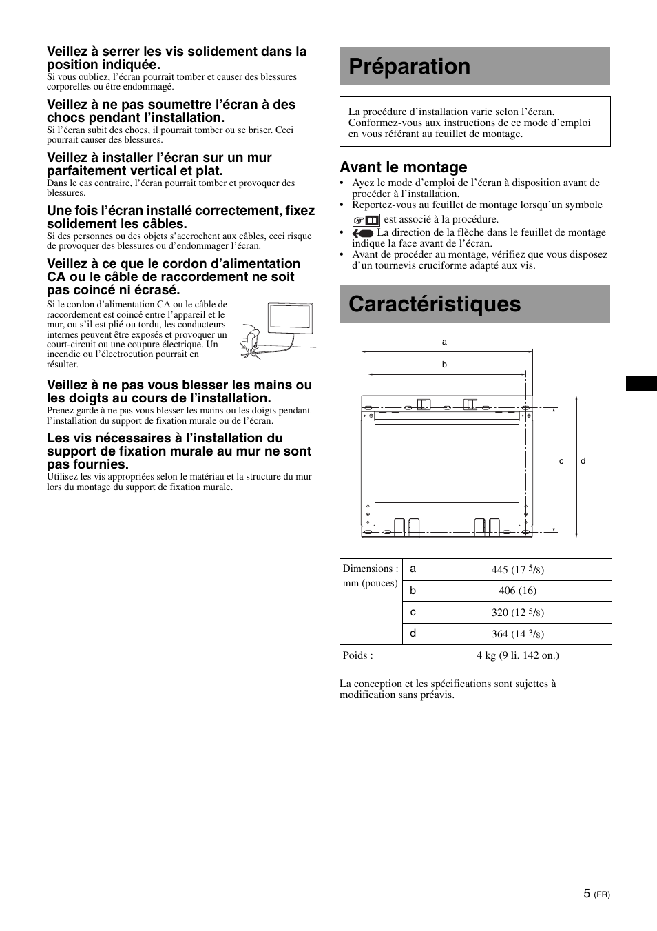 Préparation, Caractéristiques, Avant le montage | Sony SU-WL700 User Manual | Page 11 / 68