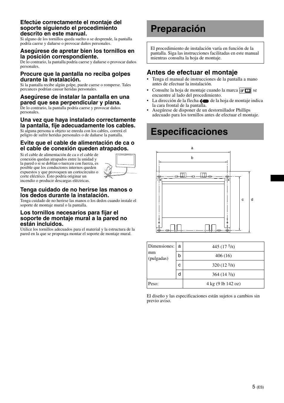 Preparación, Especificaciones, Antes de efectuar el montaje | Sony SU-WL700 User Manual | Page 19 / 68