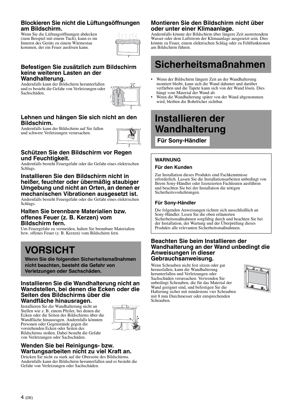 Vorsicht, Sicherheitsmaßnahmen, Installieren der wandhalterung | Sony SU-WL700 User Manual | Page 26 / 68