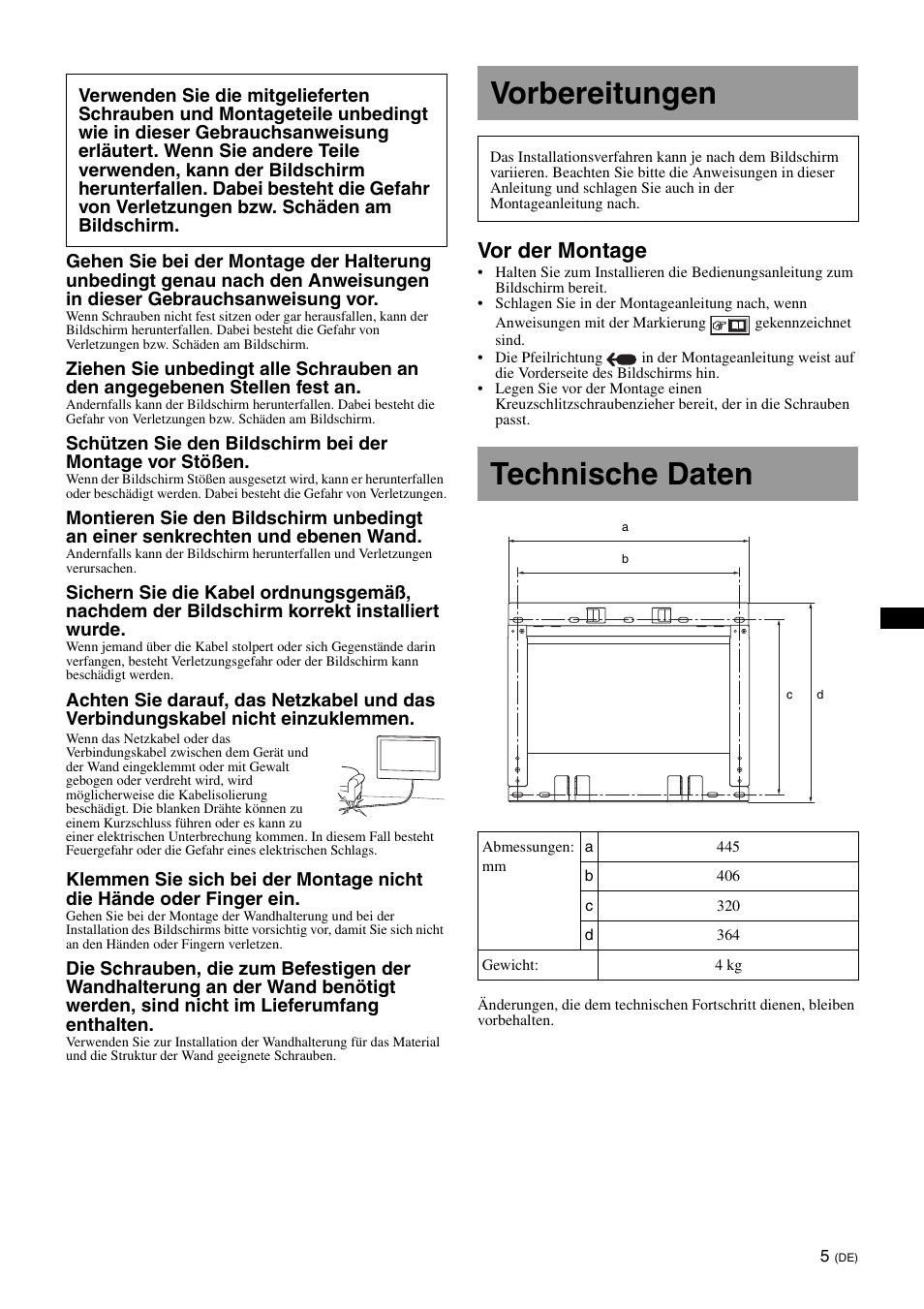 Vorbereitungen, Technische daten, Vor der montage | Sony SU-WL700 User Manual | Page 27 / 68