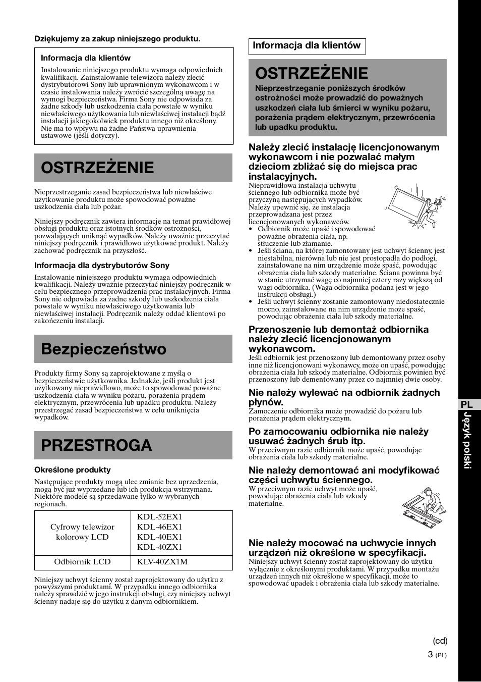 Ostrzeżenie, Bezpieczeństwo, Przestroga | Ostrzeżenie bezpieczeństwo przestroga | Sony SU-WL700 User Manual | Page 57 / 68