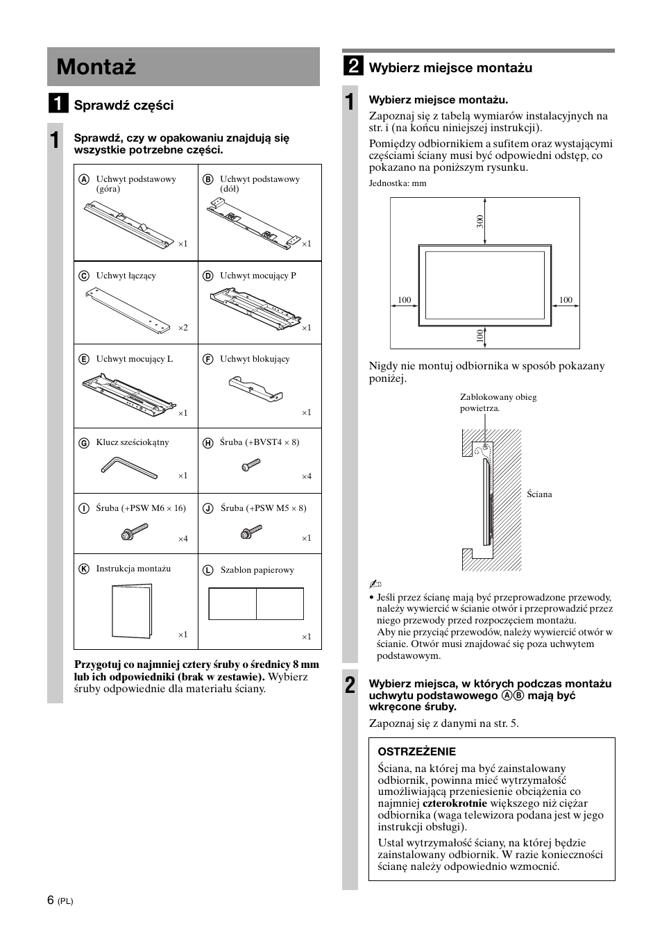 Montaż, Montaż 1, Sprawdź części | Wybierz miejsce montażu | Sony SU-WL700 User Manual | Page 60 / 68