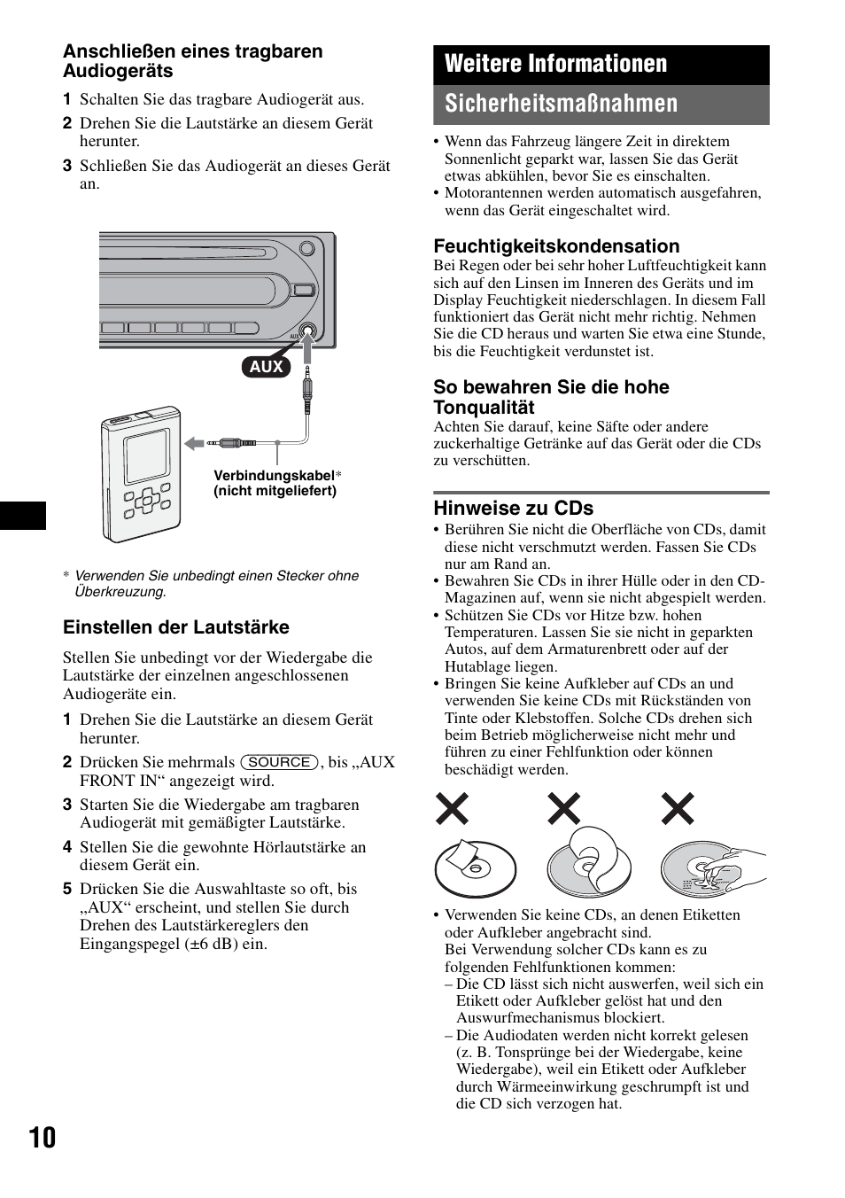 Weitere informationen, Sicherheitsmaßnahmen, Hinweise zu cds | Weitere informationen sicherheitsmaßnahmen | Sony CDX-GT100 User Manual | Page 22 / 72