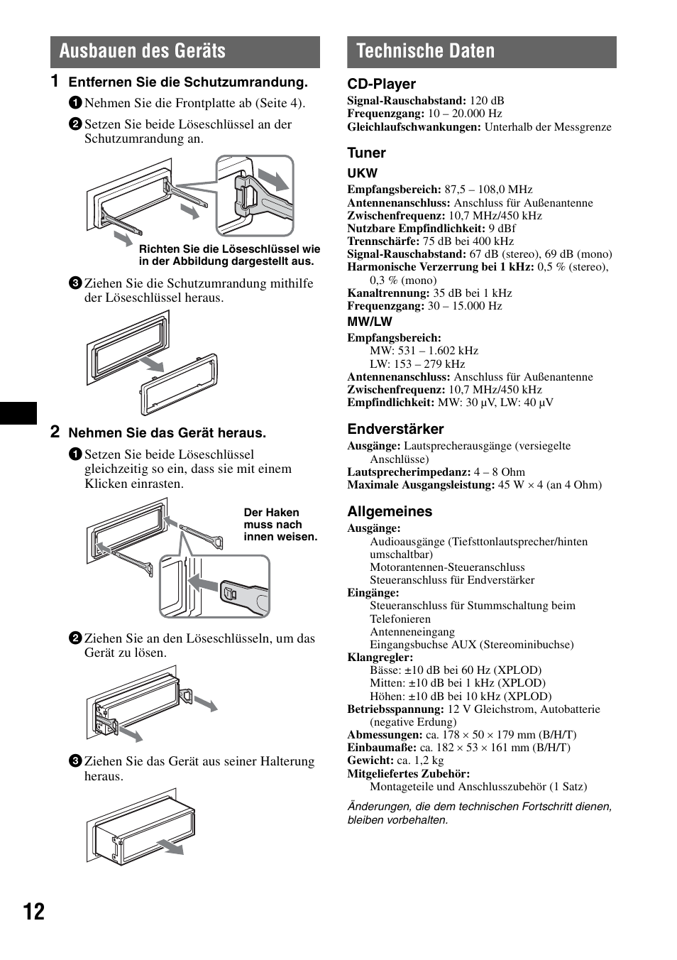 Ausbauen des geräts, Technische daten, Ausbauen des geräts technische daten | Sony CDX-GT100 User Manual | Page 24 / 72